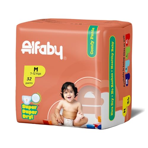 Image of Alfaby Baby Diapers | XS to XL sizes | Super Dry Comfy Pants | Long Lasting Dryness | Leak Proof Diapers | Uninterrupted Baby Sleep | Comfortable Fit | 12 hrs protection (XS to XL sizes) (M, 32.00)