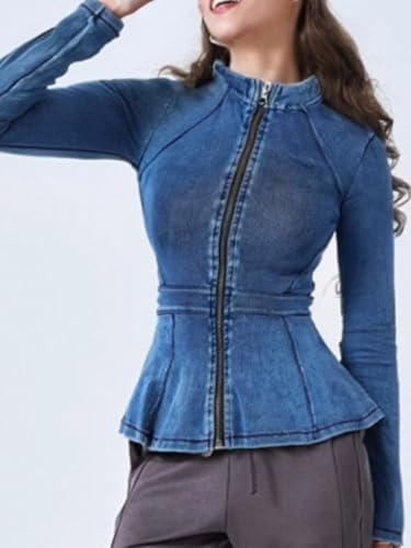 Casual Denim Peplum Jacket for Women Long Sleeve Zip Front Athletic Workout Ruffle Blazer Coats4