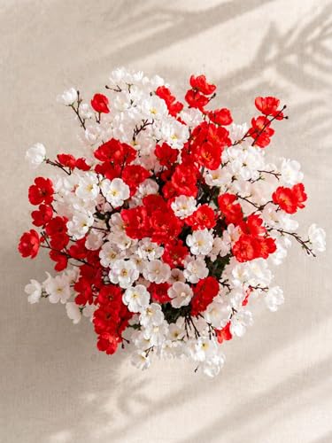 Image of ARTSY Artificial Flowers Bunch For Decoration Cherry Blossom, Ideal for vase, Home, Office decor, gifts, craft, artificial plants for decoration, Without vase, White Red, combo, 2 Piece, 55 cm height