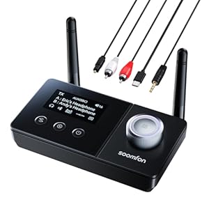 SOOMFON Bluetooth 5.3 Sender Empfänger mit Doppelantenne, 3-in-1 BT Audio Adapter für 2 Kopfhörer, Bluetooth Transmitter Receiver für TV/Stereoanlage, mit Bildschirm & Lautstärkeregelung, Aux/Optisch