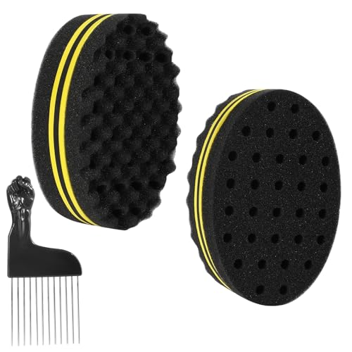 Barber Hair Brush Sponge Small Holes Afro Curl Twist Hair Sponges for Men Women Curls Natural Hair 2 Pcs with 1 Pc Hair Pick