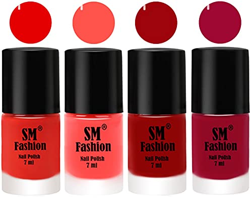 Image of Nail Polish Combo Set (Pack of 4) Quick Dry Gel Finish Nail Paint | Fire Orange,Baby Pink,Light Red,Pure Wine | 7 ml Each
