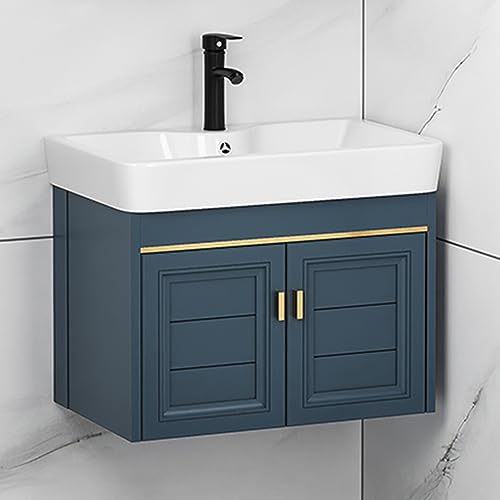 Lavabo de cerámica de pared con grifo de desbordamiento y mueble compacto 2