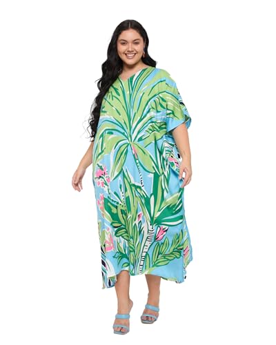 Image of Gypsie Blu Women Plus Size Kaftan Dress Beach Cover Up Maxi Dresses for Women, V-Neck Kimono Sleeve 1X-3X