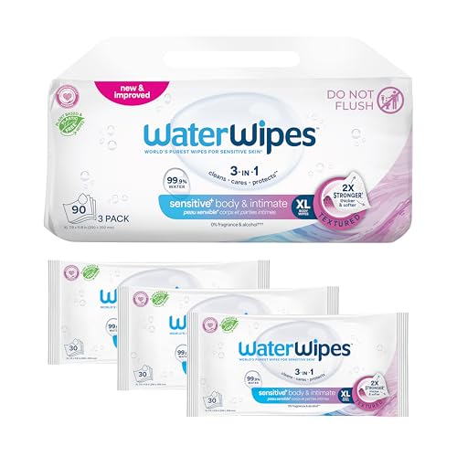 WaterWipes Sensitive Whole Body Cleansing Wipes, 99.9% Purified Water, XL Textured Wipes, Incontinence Care, Fragrance Free, 90 Count