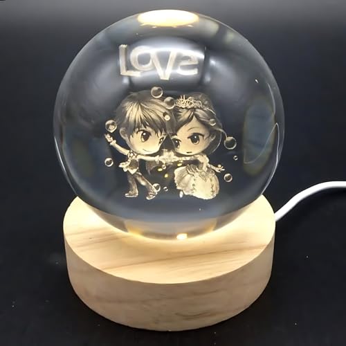 Image of 3D Crystal Ball Night Light with Wooden Base, Aesthetic Clear LED Lamp for Home and Bedroom Touch Switch, Warm Light for Kids and Teens Perfect Birthday & Anniversary (Love Lamp)