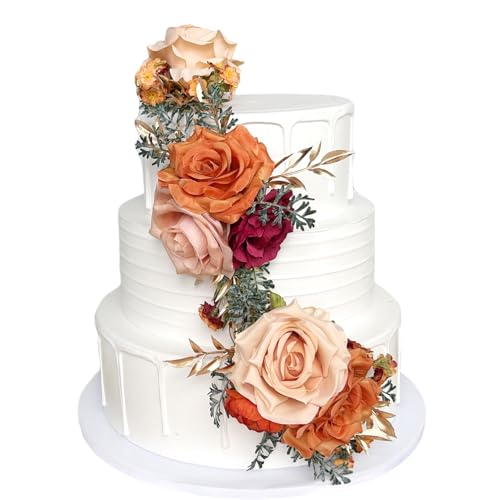 Pre-Made Burnt Orange Silk Flowers for Cakes Decorations Sunset Terracotta Artificial Rose Peony Fall Wedding Cake Toppers Decorating Fake Floral Rust Anniversary Birthday Party Arrangements Table