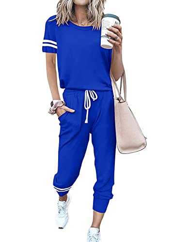 Image of PRETTYGARDEN Women Summer Two Piece Outfits Striped Short Sleeve Pullover and Long Pants Tracksuit Travel Pajama Lounge Set
