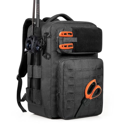 Fishing Backpack With Rod Holder,Large 48L Fishing Tackle Bag for Storing Gear, Boxes,and Equipment,Gifts for Men,Black