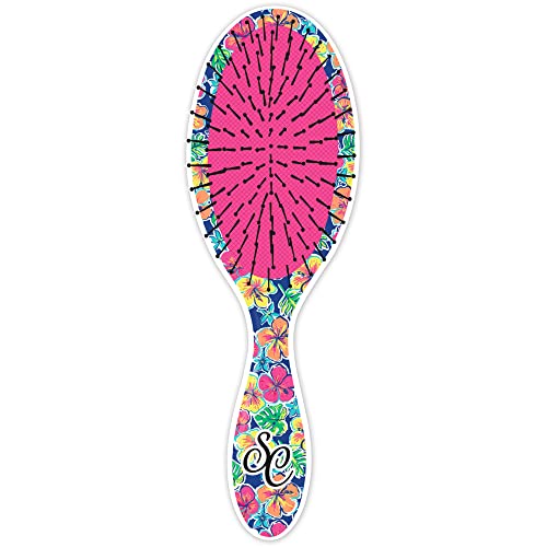 Tropical Flower Floral Blue And Pink 6 Inch Acrylic Round Comfort Hair Brush #TOP5
