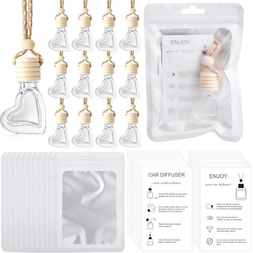 Image of Boao 100 Sets Hanging Car Air Freshener Diffuser Bottles with Instruction Card and 4 x 6'' Resealable Holographic Bag for Empty Car Essential Oil Perfume Bottles Packaging (Heart)