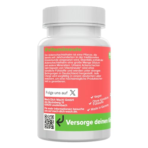Ackerschachtelhalm Kapseln - hochdosiert 500 mg Zinnkraut - bioaktiv & vegan - Produktion in Deutschland - Extrakt ohne Zusatzstoffe - laborgeprüft & hoher Silizium-Anteil - Vitamineule®