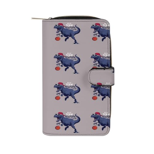 Women Soft PU Leather Wallet, Zipper Card Case Clutch Credit Bills Money Crash Coin 7.8x4.3x1.4 in Holder Purse Print Navy Blue Basketball Player Dinosaur Best Team New York