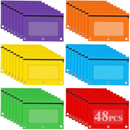 Ellinjan 48 Pcs Pencil Pouch for 3 Ring Binder, Pencil Bags with Smooth Zipper, Bulk Pencil Case Pouch with Clear Window, Pencil Pouch for School Office Classroom Supplies (6 Color)