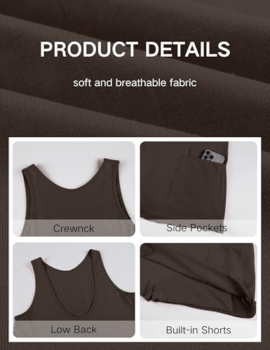 Athlisan Womens Athletic Mini Dress Built in Shorts Sleeveless Tennis Workout Summer Crewneck Mini Romper Dress with Pockets(Coffee-M)