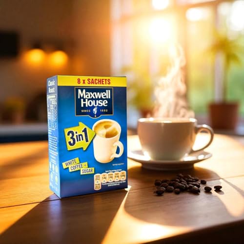 Maxwell House 3 in 1 Instant Coffee with Sugar 8 Sachets x 11g Smooth & Creamy Coffee Mix for Quick & Easy Preparation Pack of 12