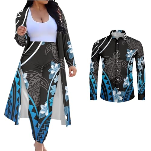 Couple Matching Clothing 2 Piece Pant Set Women Samoa Polynesian Tribal Tattoo Outfits Long Sleeves Open Front