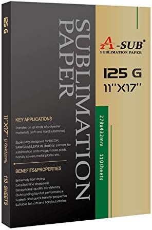 A-SUB Sublimation Paper 11x17 Inch 110 Sheets for All Inkjet Printer which Match Sublimation Ink 125g