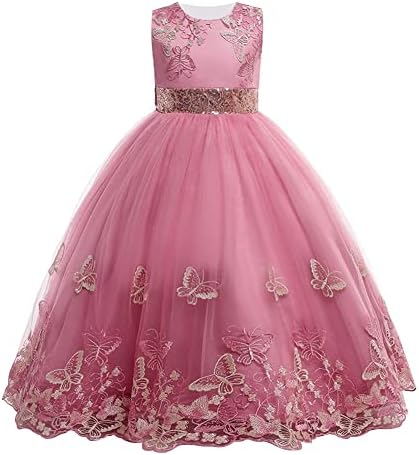 Butterfly Flower Girl Dress for Kids Wedding Bridesmaid Formal Party Maxi Gown Pageant Long Dress Little Big Princess First Communion Birthday Sequin Tulle Dresses Dusty Pink - Butterfly 4-5 Years