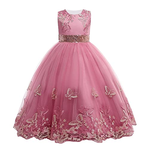 Butterfly Flower Girl Dress For Kids Wedding Bridesmaid Formal Party Maxi Gown Pageant Long Dress Little Big Princess First Communion Birthday Sequin Tulle Dresses Dusty Pink - Butterfly 4-5 Years #TOP2