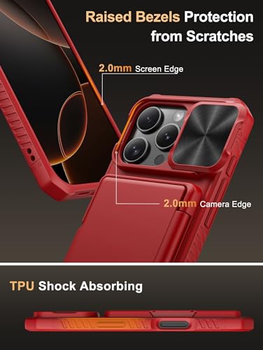 Image of Vihibii for iPhone 16 Pro Wallet Case with Card Holder (4 Cards) [RFID Blocking] & Slide Camera Cover & Raised Edges Protect Screen, Shockproof Rugged Phone Cover for iPhone 16 Pro 5G 6.3 inch 2024, Red
