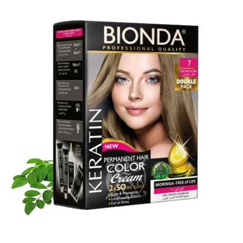 BIONDA Professional Color Cream 7 Tinte permanente para el cabello, rubio natural, 200 ml, paquete doble, queratina y moringa, color intenso y duradero con brillo, cobertura 100% de canas