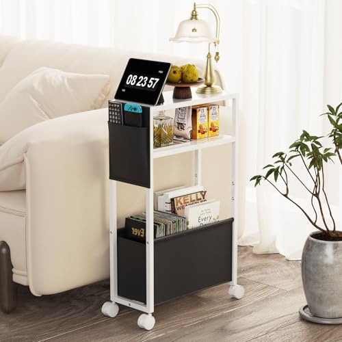 Druvia サイドテーブル キャスター付き スリム 可動式テーブル ナイトテーブル ソファーテーブル 幅40×奥行18×高さ66cm 隙間収納 布製ポケット付き 耐荷重45KG 耐久性 組立簡単 FSC認証済 ホワイト