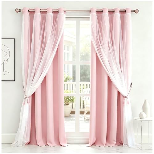 SOFJAGETQ Pink Blackout Curtains with Lace Hems Sheer Overlay, 2 Panels, Thermal Insulated...