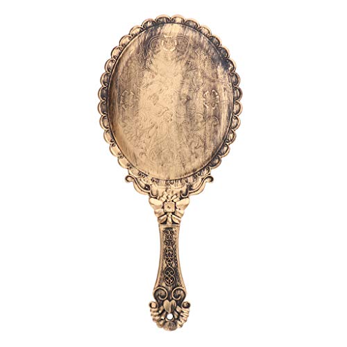 Fityle Espelho oval de mão estilo antigo decorativo com alça em relevo design rosa para maquiagem co