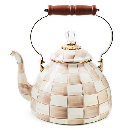 Image of MACKENZIE-CHILDS Tea Kettle, 3 Quarts, Brown-and-White Mocha Check