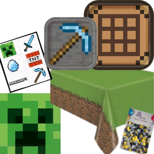 Décoration Minecraft de table pour goûter d'anniversaire enfant avec assiettes et nappe