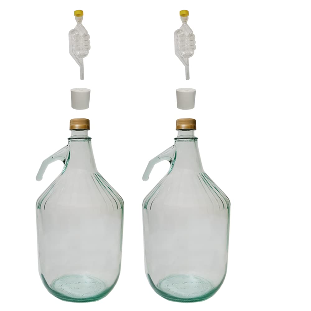 DIAH DO IT AT HOME 2X 5L Glass Demijohns with Handles - Complete Winemaking Kit with Screw Caps, S-Type Airlocks & Rubber Bungs - 1 Gallon Carboys for DIY Cider, Wine & Mead