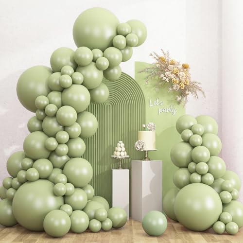 Image of RUBFAC 135pcs Dusty Green Balloons Different Sizes Pack of 18 12 10 5 Inch, Latex Boho Sage Green Balloon Garland Arch Kit for Wedding Dinosaur Jungle Safari Birthday Party Decorations