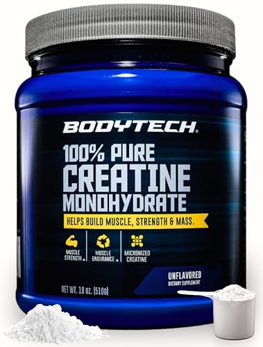 BodyTech Creatine Monohydrate Powder Unflavored Micronized Creatine Formula for Men and Women 5g per Serving Pre Workout & Post Workout Supplement Gluten Free Sugar Free 18 Oz 102 Servings
