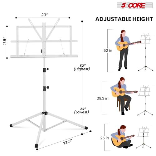 5 CORE Sheet Music Stand 2 in 1 Dual Use Professional Portable Adjustable 25-52 Inch Folding Music Note Holder Tripod Stands White MUS FLD WH