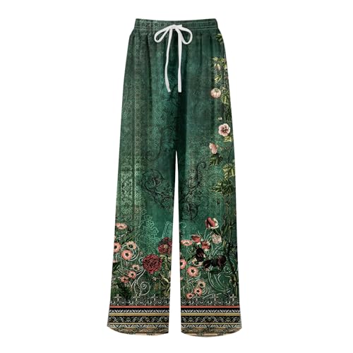 HXHYQKP Wide Leg Pants for Women Summer Beach Palazzo Pants High Elastic Waist Drawstring Trouser with Pockets2