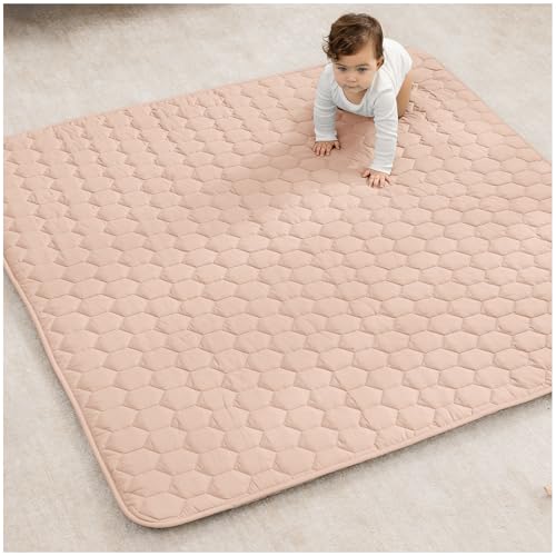 Image of Comfy Cubs Square Kids Play Mat - 56 x 56 inches Soft Quilted Baby Floor Mat with Non-Slip Bottom - Plush Design for Toddlers' Playtime - Comfortable and Durable - Blush