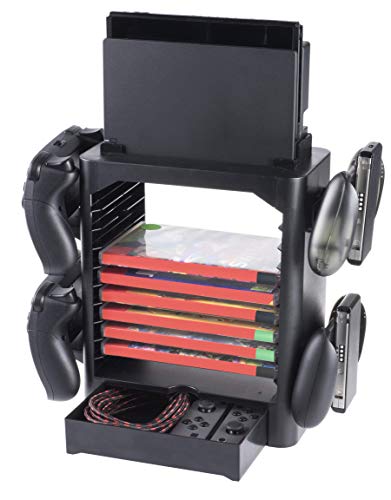 snakebyte GAMESTOWER - para Nintendo Switch / soporte para 10 juegos, 4 controladores Pro y consola / compartimento adicional para cables y accesorios para juegos Joy-Con gamepad / eSports unisex