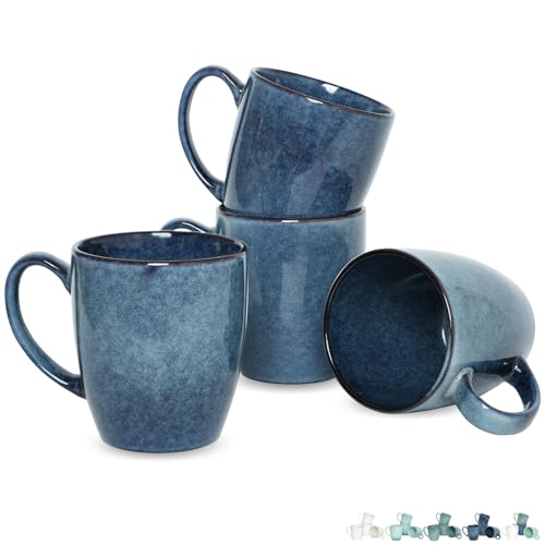 Bosmarlin Ceramic Coffee Mug Set of 4, 17 Oz, Coffee Cups with Big Handle, Microwave Safe, Unique Reactive Glaze (Deep Blue, 17 Oz)