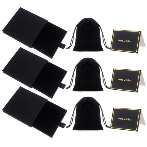 Nideen 3Pcs Jewellery Gift Box Set with 3Pcs Velvet Pouches & Cards 9× 9× 1.7 cm Small Gift Boxes for Bracelets, Earrings & Necklaces(Black)