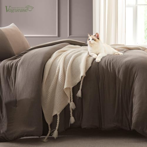 Image of Full Size Comforter Set, Comforters Full Size Luxury Ultra-Soft Jersey Knit Bedding Set, Cocoa /Sand Lightweight Down Alternative Bed Comforter for All Season, 3 Piece Bedding Set