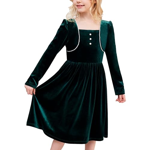 Sunny Fashion Girls Dress Green Velvet Christmas Pearl Long Sleeve Holiday Winter Size 12