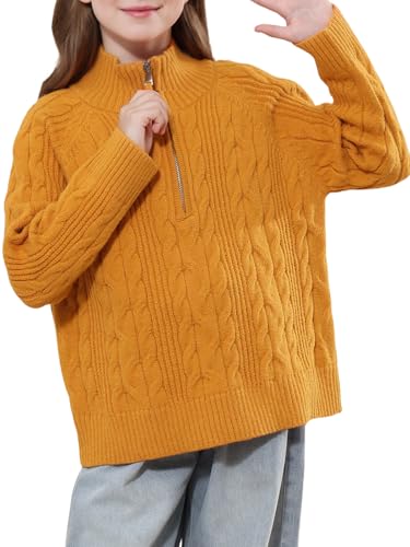 GroYolan Girls Half Zip Knit Jumper Stand Collar Cable Knit Warm Long Sleeve Pullover Soft Cosy Sweater, Autumn Winter Tops Sweatshirts for Kids Ages 5-15 Years Orange