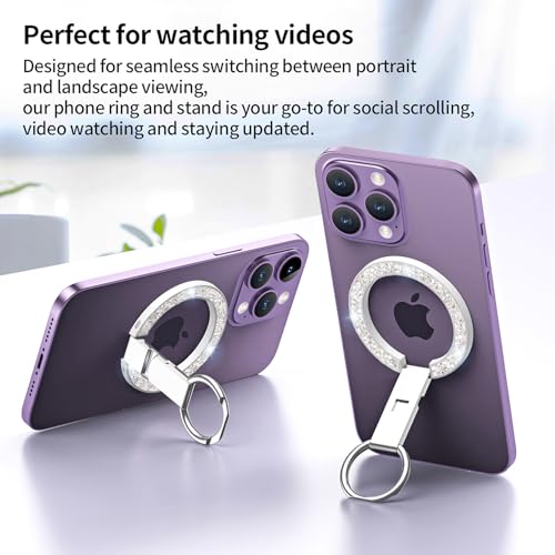 Phone Ring Grip, Magnetic Phone Ring Stand,Ultra Thin Phone Kickstand with Finger Loop, Phone Ring Holder for Mag Safe iPhone 16/15/14/13/12 Series (Glitter Silver Diamond)