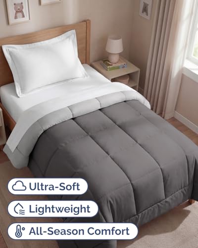 Image of Twin Size, Dark Grey & French Grey Alternative Down Comforter - Warm, Lightweight & Breathable Hotel Quality Bedding for Men, Women, Kids & Teens - All Season Cooling Microfiber Duvet Insert Comforter