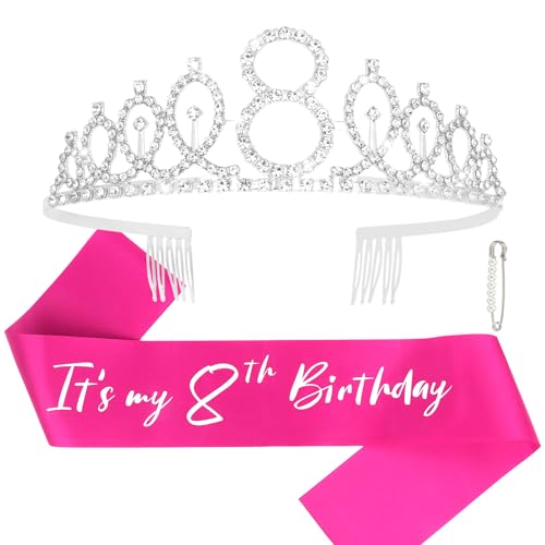 CAVETEE Silver 8th Birthday Tiara and Sash Set - Happy Birthday Decorations