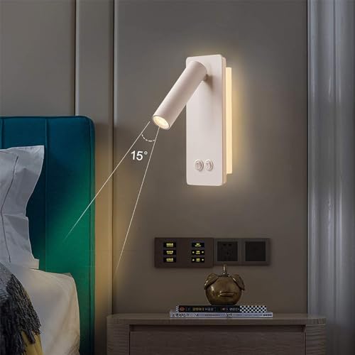 Image of Bedside Reading Lamp Wall Mounted, LED Wall Reading Lights for Bed, Plug in Wall Sconce Set of 2, Bed Reading Light 3W 3000K Book Light with 9W Ambient Lighting