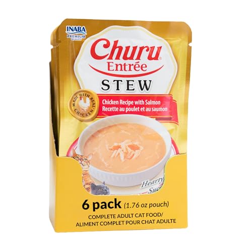 INABA Churu Entrée Stew for Cats, Grain-Free, High Moisture, Prebiotic Wet Cat Food, 1.76oz. per Pouch, 6 Pouches, Chicken with Salmon Recipe