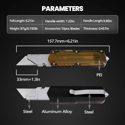 Image of Aluminum Alloy Utility Knife, Retractable Box Cutter,Pocket Knife Replaceable Blade EDC Razor Knife with 10pcs Blades (BLACK)