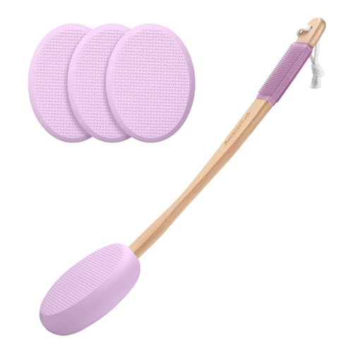 Image of AmazerBath Lotion Applicator for Back, Feet, 4 Replaceable Pads with Long Handle, Back Sunscreen Applicator for Elderly, Women, Apply Cream Medicine Skin Cream Moisturizer Sunscreen Tanner, Purple